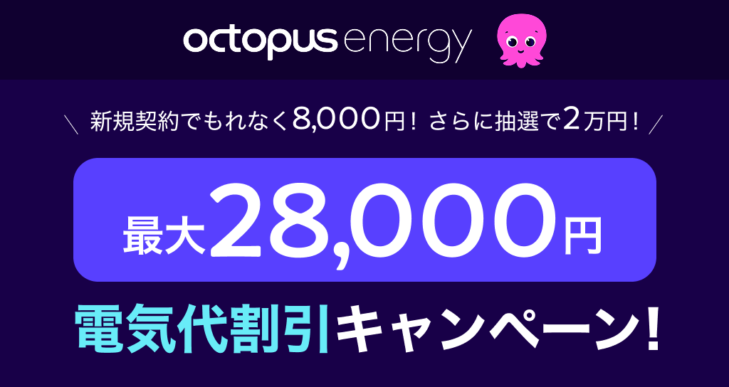 オクトパスエナジー 電気代最大28,000円割引
