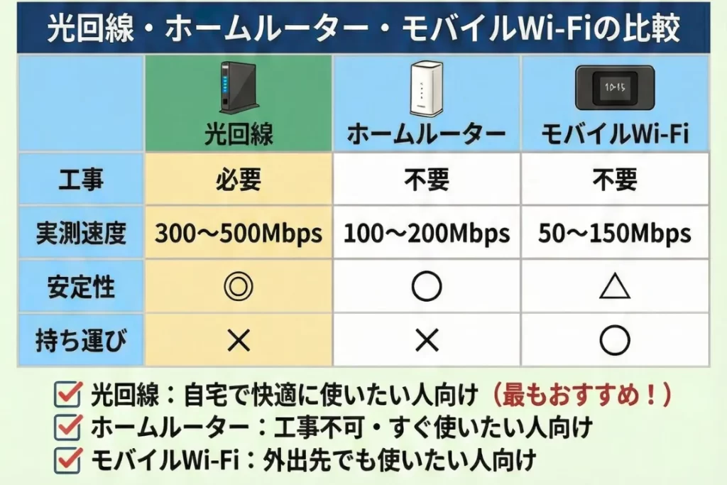 光回線・ホームルーター・モバイルWi-Fiの比較・違い