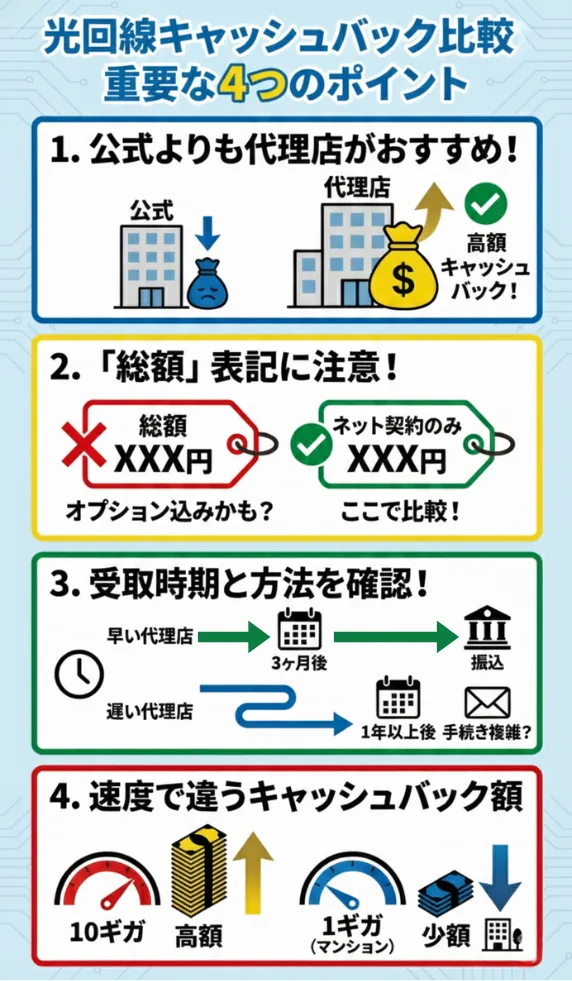 光回線 キャッシュバック 4つの比較ポイント