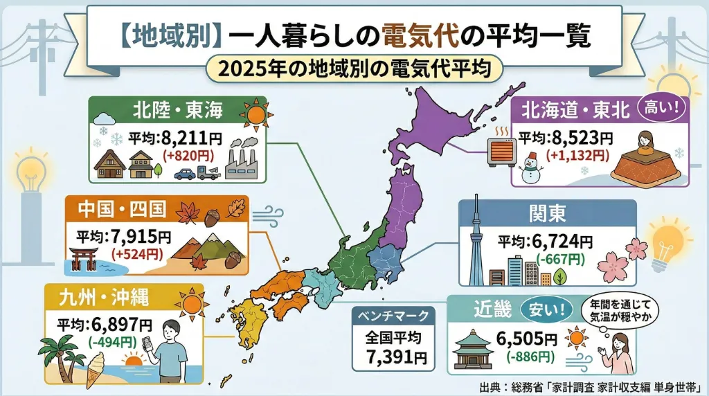 地域別の一人暮らしの電気代 2025年の総務省「家計調査 家計収支編 単身世帯」より
